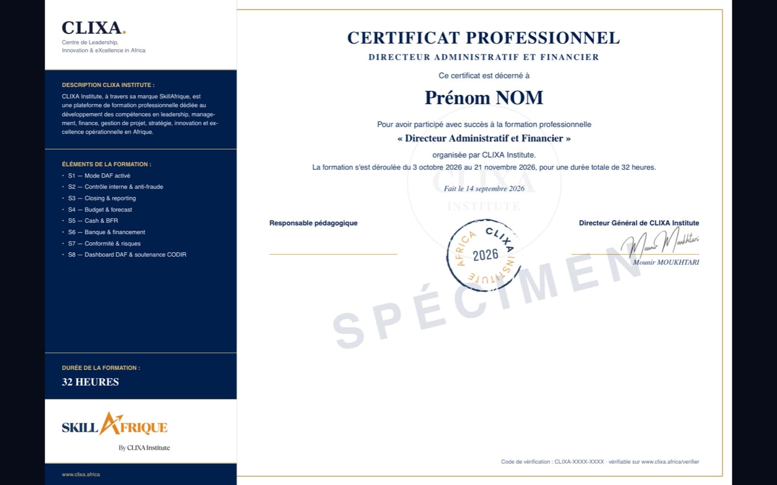 Spécimen du certificat professionnel délivré par CLIXA Institute, barré de la mention SPÉCIMEN